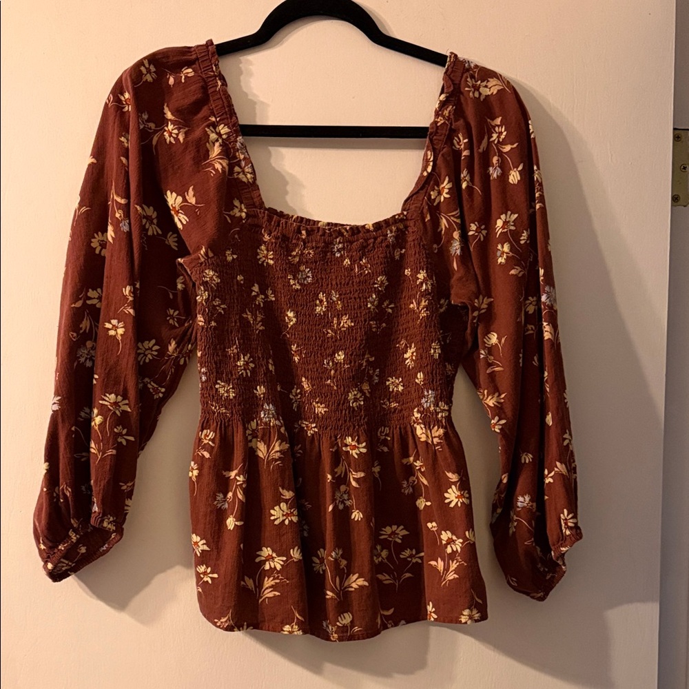 Madewell Floral Smocked Rust Blouse
